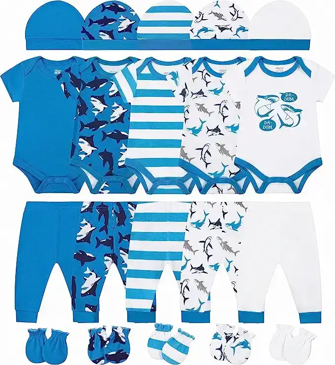 five body suits with matching pants, hats, and mittens