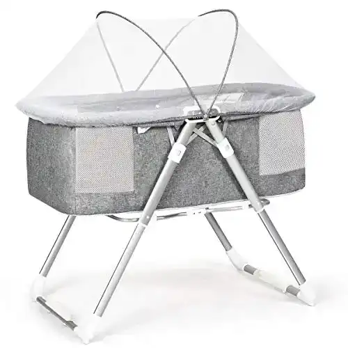 INFANS 2 in 1 Rocking Bassinet for Newborn Baby, One-Second Fold Travel Crib with Detachable & Thicken Mattress, Height Adjustable Legs, Mosquito Net, Cradle with Rock Mode & Stationary (Light Grey)