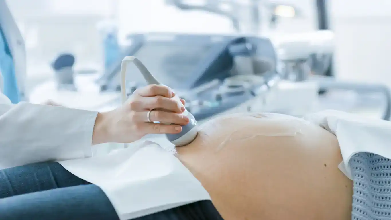 In the Hospital, Close-up Shot of the Doctor Doing Ultrasound / Sonogram Scan to a Pregnant Woman.