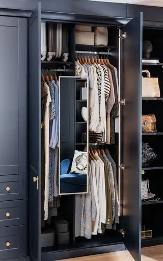 petit placard de rangement pour vêtements avec penderie, étagères, miroir