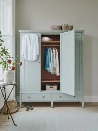 chambre avec armoire autoportante aqua, vêtements suspendus, paniers sur le dessus, table d'appoint près de la fenêtre avec des fleurs, tapis aqua