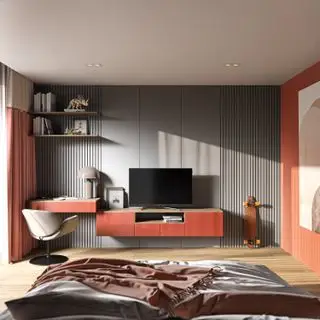 quarto moderno com TV na unidade de mídia, esquema ferrugem e cinza, painéis atrás, prateleiras abertas, sistema modular incluindo uma mesa