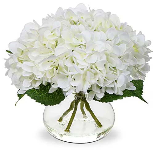 Künstliche Hortensien von Hollyone mit Vase, künstliche Blumenarrangements aus weißer Seide in einer Glasvase mit künstlichem Wasser für Zuhause, Badezimmer, Büro, Tischdekoration, Regaldekoration' loading='lazy' title=