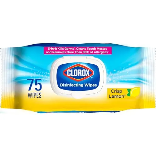 Toalhetes desinfetantes Clorox, limpeza sem alvejante, limão crocante, contagem de 75 (pacote pode variar)' loading='lazy' title=