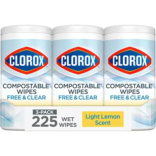 Clorox grátis e amp; Toalhetes de limpeza compostáveis transparentes com aroma leve de limão, pacote de 75 contagens com 3 (o pacote pode variar)' loading='lazy' title=