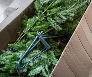 Un árbol de Navidad empaquetado en una caja marrón.