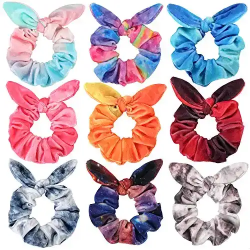 Bow Scrunchies for Hair, Funtopia 9 Pcs Cute Rabbit Bunny Ear Scrunchies, Fashion Colorful Tye Dye Velvet Scrunchy Hair Ties Bowknot Ponytail Holders for Women Girls Kids