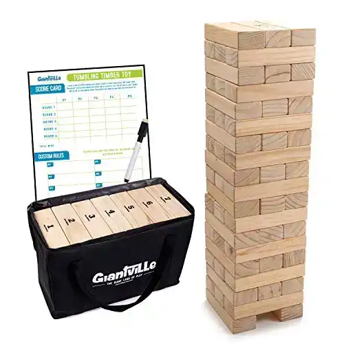 Giant Tumbling Timber Toy - Jumbo JR. Wooden Blocks Floor Game for Kids and Adults, 56 Pieces, Premium Pine Wood, Carry Bag - Grows to Over 4-feet While Playing, Life Size