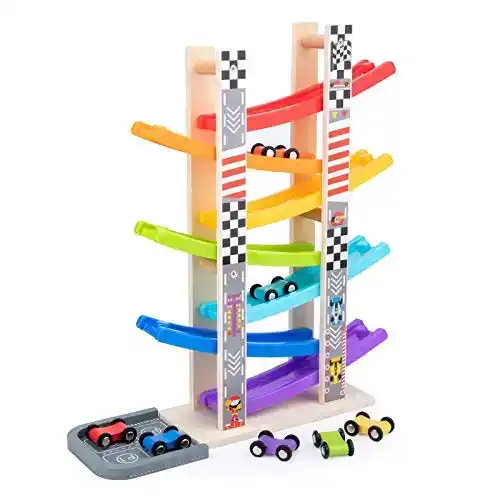 WOOD CITY Toddler Toys for 1 2 3 Years Old, Wooden Car Ramp Racer Toy Vehicle Set with 7 Mini Cars & Race Tracks, Montessori Toys Craft Gift for Toddlers Boys and Girls
