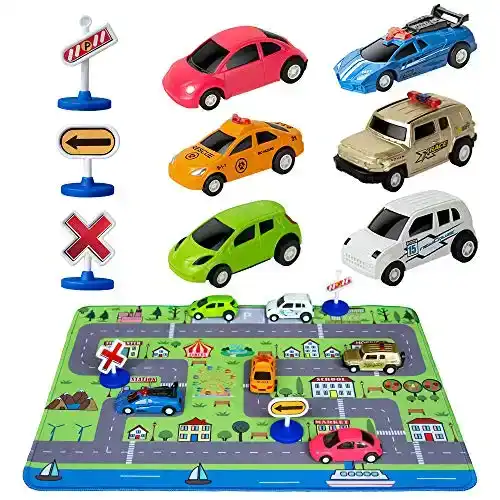 Car Toys with Play Mat, 6 Toy Cars, 3 Road Signs, 14