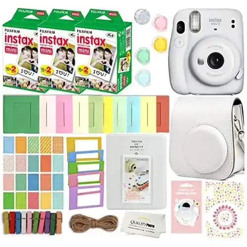 Fujifilm Instax Mini 11 Instant Camera with Case, 60 Fuji Films, Decoration Stickers, Frames, Photo Album and More Accessory kit (Ice White)