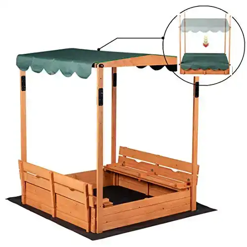 GOOD LIFE USA Wooden Outdoor Convertible Canopy Sandbox Covered Storage Bench Seats for Kids Play 47
