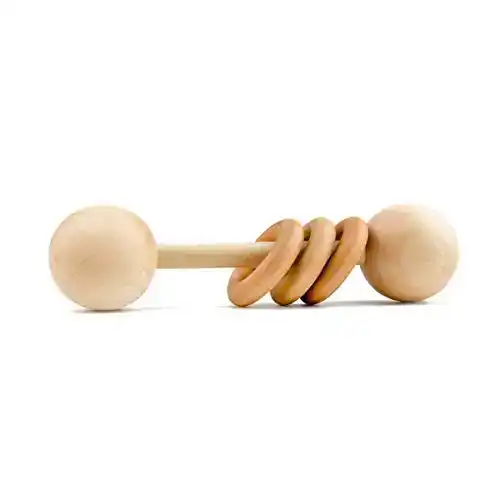 Wood Baby Rattle Teether by Homi Baby, Perfect Montessori Grasping Teething Toy for Babies, Handmade in The USA, Sealed with Organic Virgin Coconut Oil & Beeswax