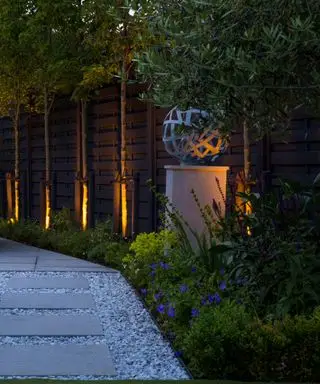 árboles iluminados y sendero del jardín