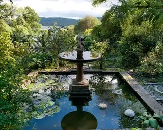 Un piccolo laghetto con giochi d'acqua circondato da alberi e piante