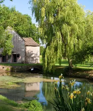 Un lago circondato da piante e alberi accanto ad una tradizionale casa in mattoni