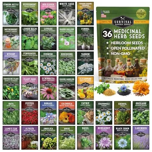 Pack de variétés ultime de graines d’herbes médicinales - 36 variétés anciennes 28 000+ lavande Calendula Échinacée Menthe poivrée Yarrow – Kit de jardin sans OGM par Survival Garden Seeds' loading='lazy' title=