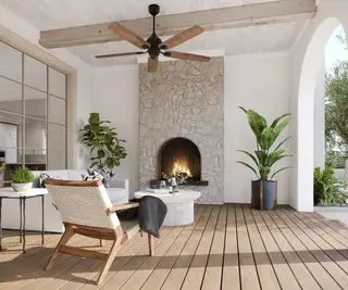 terrasse couverte avec cheminée et plantes