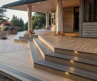 deck de madeira com degraus e iluminação integrada