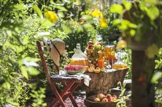 Mesa hecha de tocón de árbol cubierta con un picnic y sillas a cada lado