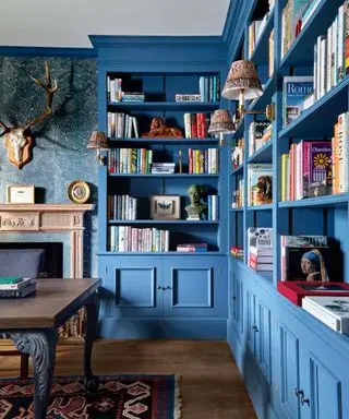 Blaue Bibliothek mit Kamin