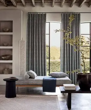 Modernes Wohnzimmer mit rustikaler Holzdecke, langen grauen Vorhängen vor dem Fenster, grauem Tagesbett, grau gestrichenen Wänden, Teppich und großem Pflanzgefäß