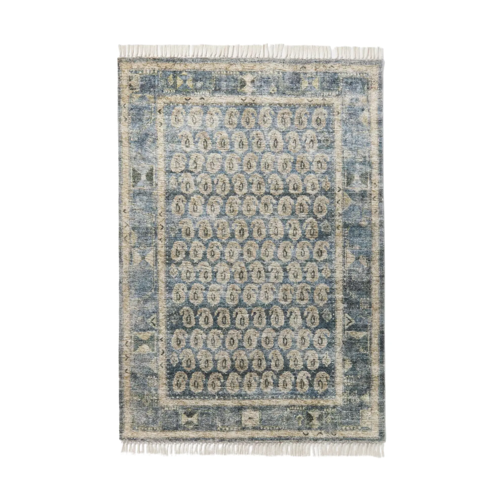 et vintage-inspireret tæppe med blå og beige detaljer' loading='lazy' title=