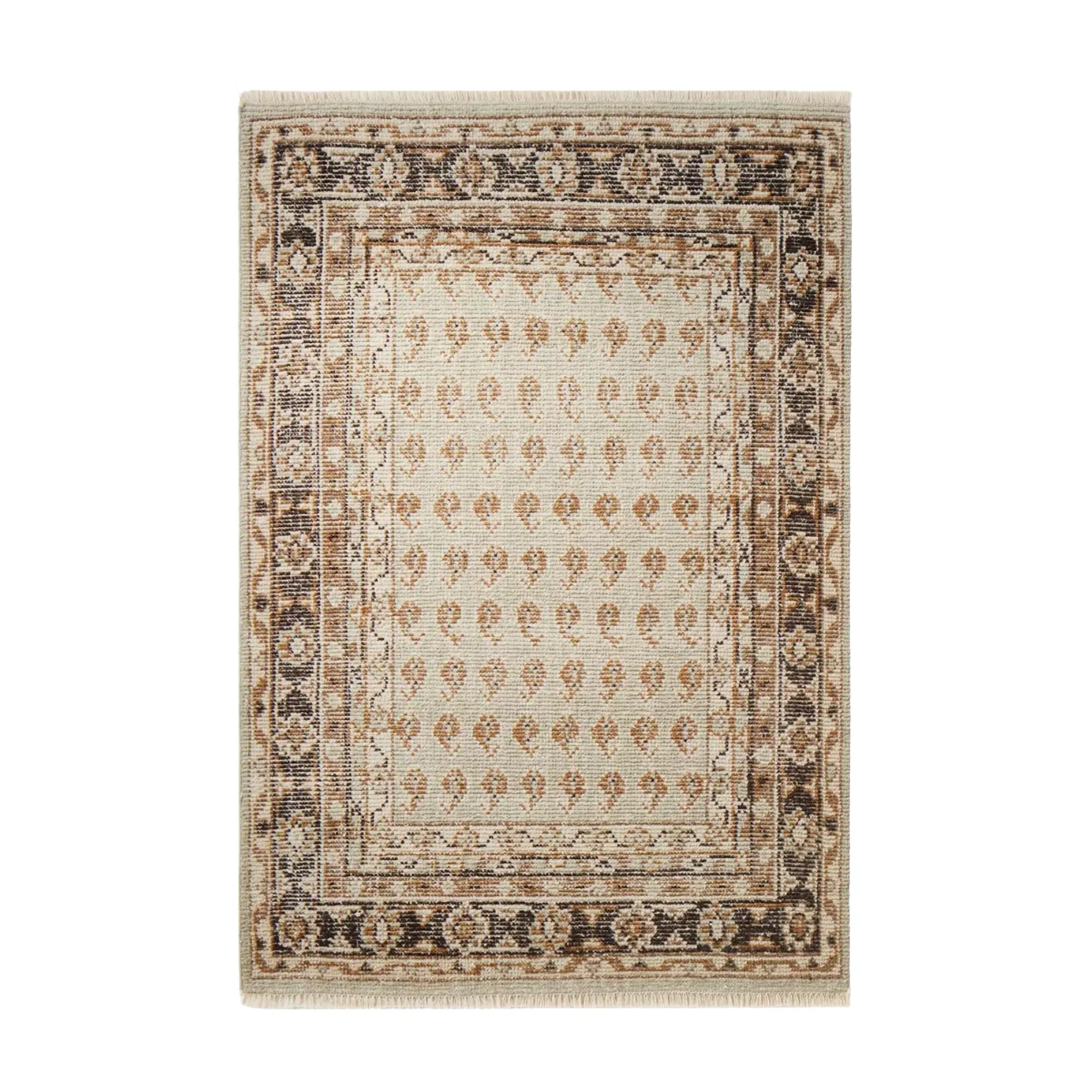 et vintage-inspireret tæppe med brun beige og rustfarvede motiver' loading='lazy' title=