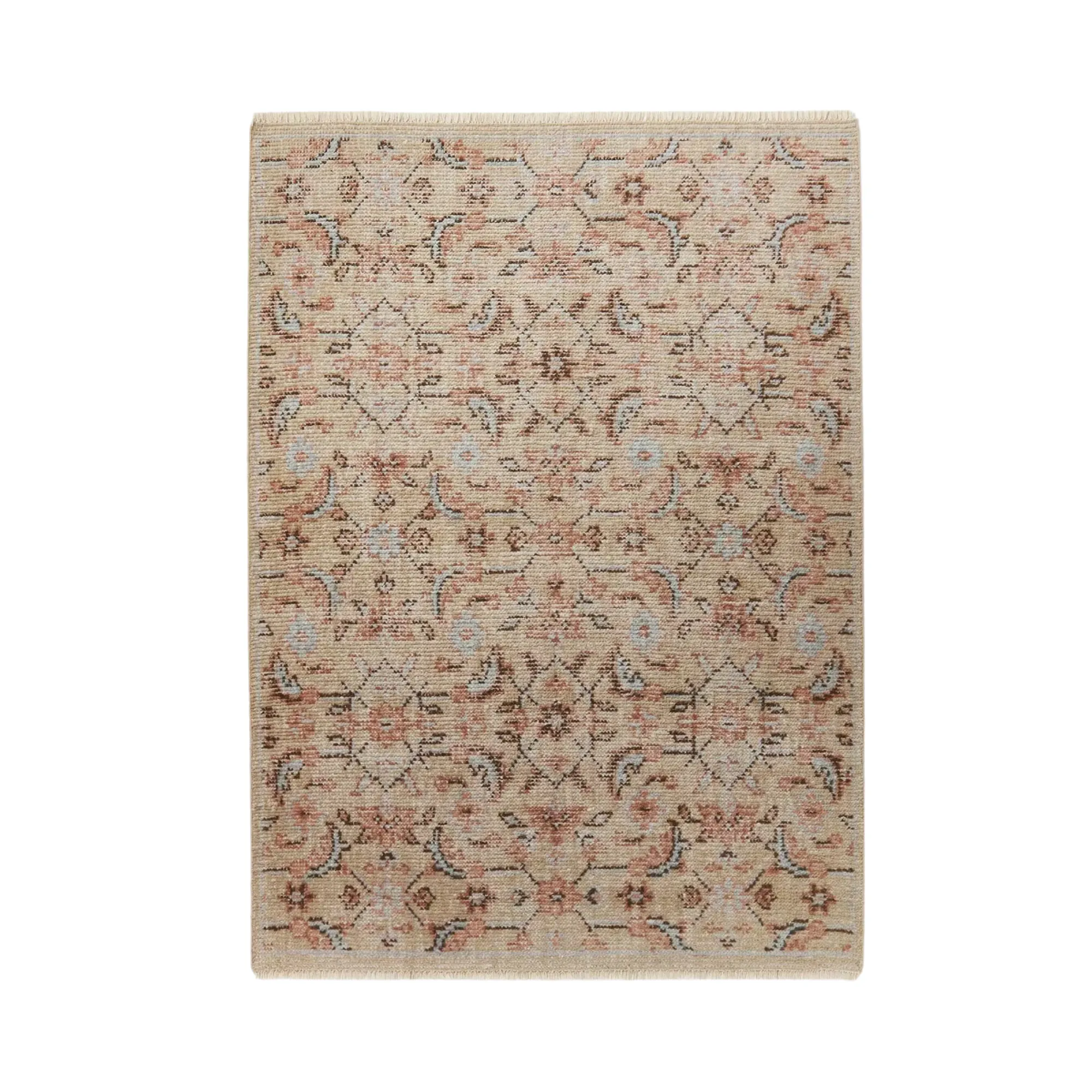 et vintage-inspireret tæppe med beige røde og lyseblå motiver' loading='lazy' title=