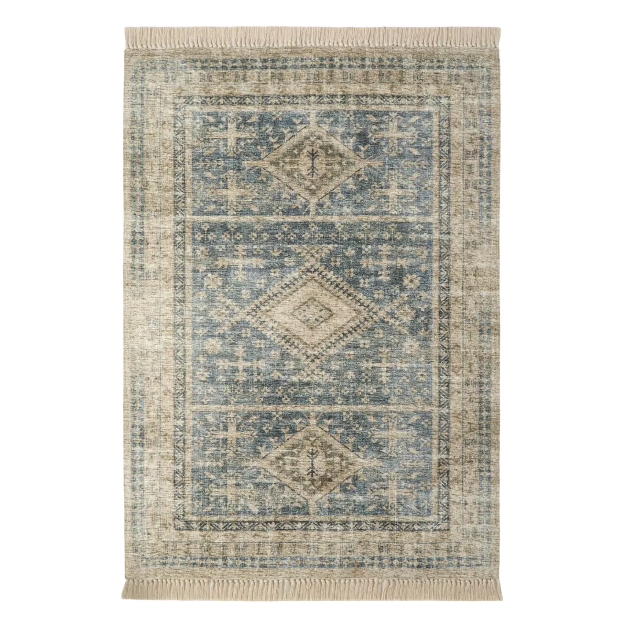 et vintage-inspireret tæppe med trekantede mønstre og blå og beige detaljer' loading='lazy' title=