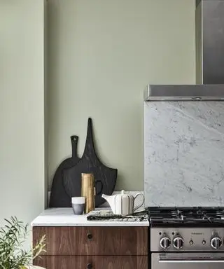 Una cucina verde chiaro con una cappa aspirante nera