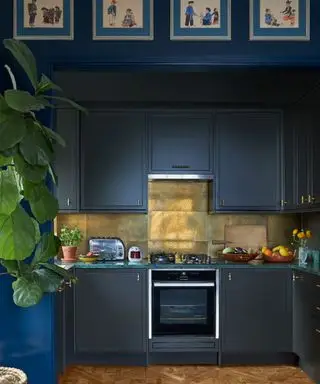 Cuisine bleu foncé avec dosseret doré