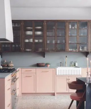 מטבח עם backsplash מינימליסטי וארונות ורודים