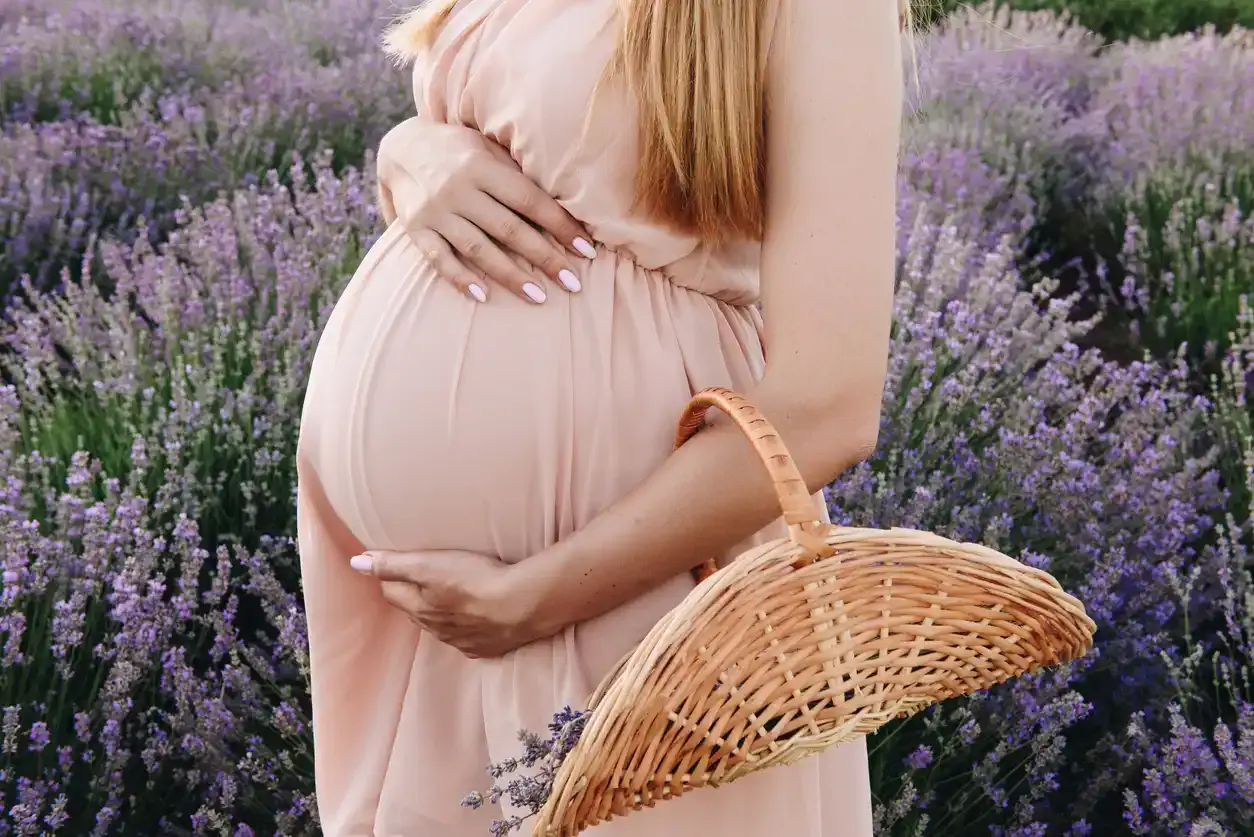 pregnant girl blonde in a beige dress and straw hat. Lavender field. In anticipation of a child.
