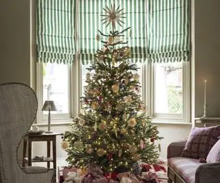 Uma árvore de Natal em uma janela saliente.