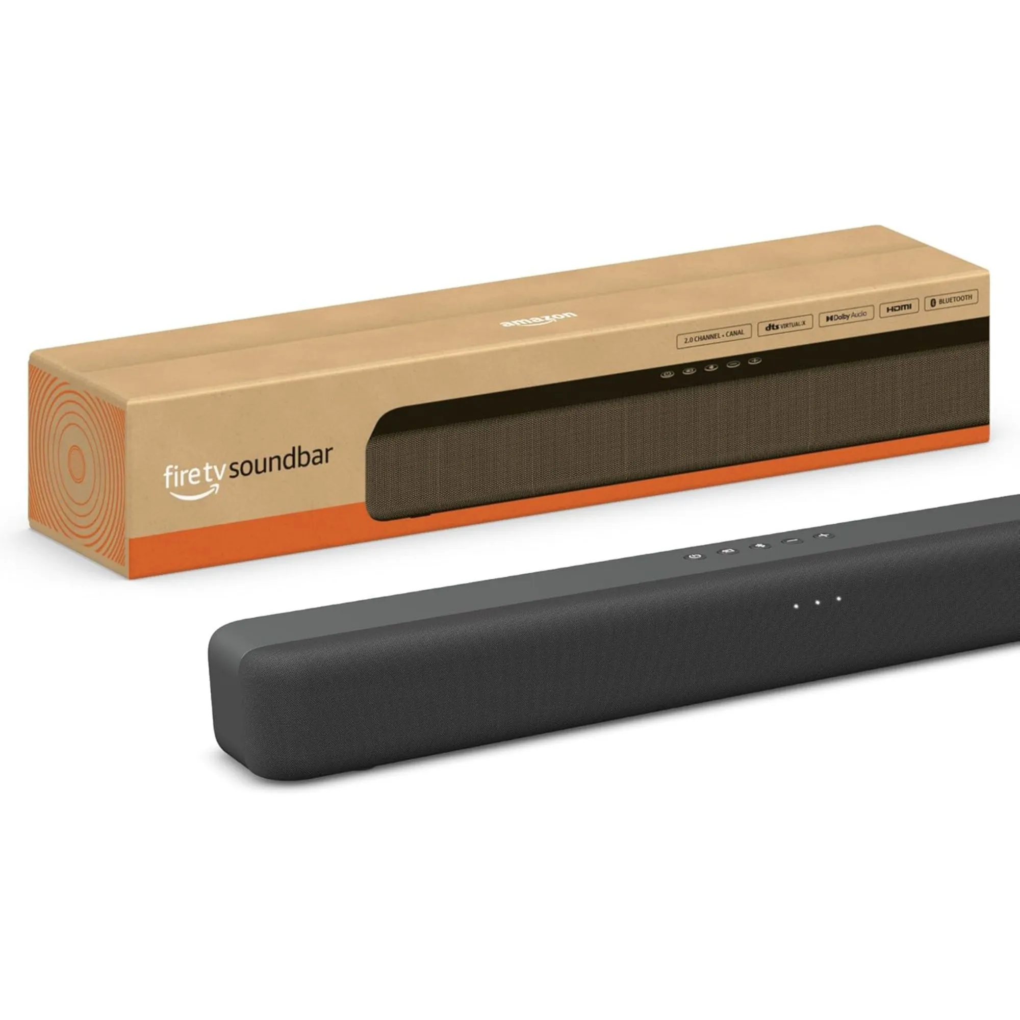 Amazon Fire TV Soundbar e embalagem original contra fundo branco.' loading='lazy' title=