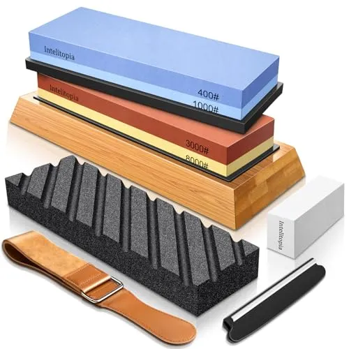 Intelitopia komplett knivslipesteinsett – Dual Grit Whetstone 400/1000 3000/8000 Knivsliper Med Lær Strop Flattening Stone Bambus Base 3 sklisikre gummibaser & Vinkelguide' loading='lazy' title=