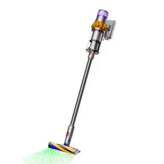 En Dyson V15 Detect mod en hvid baggrund