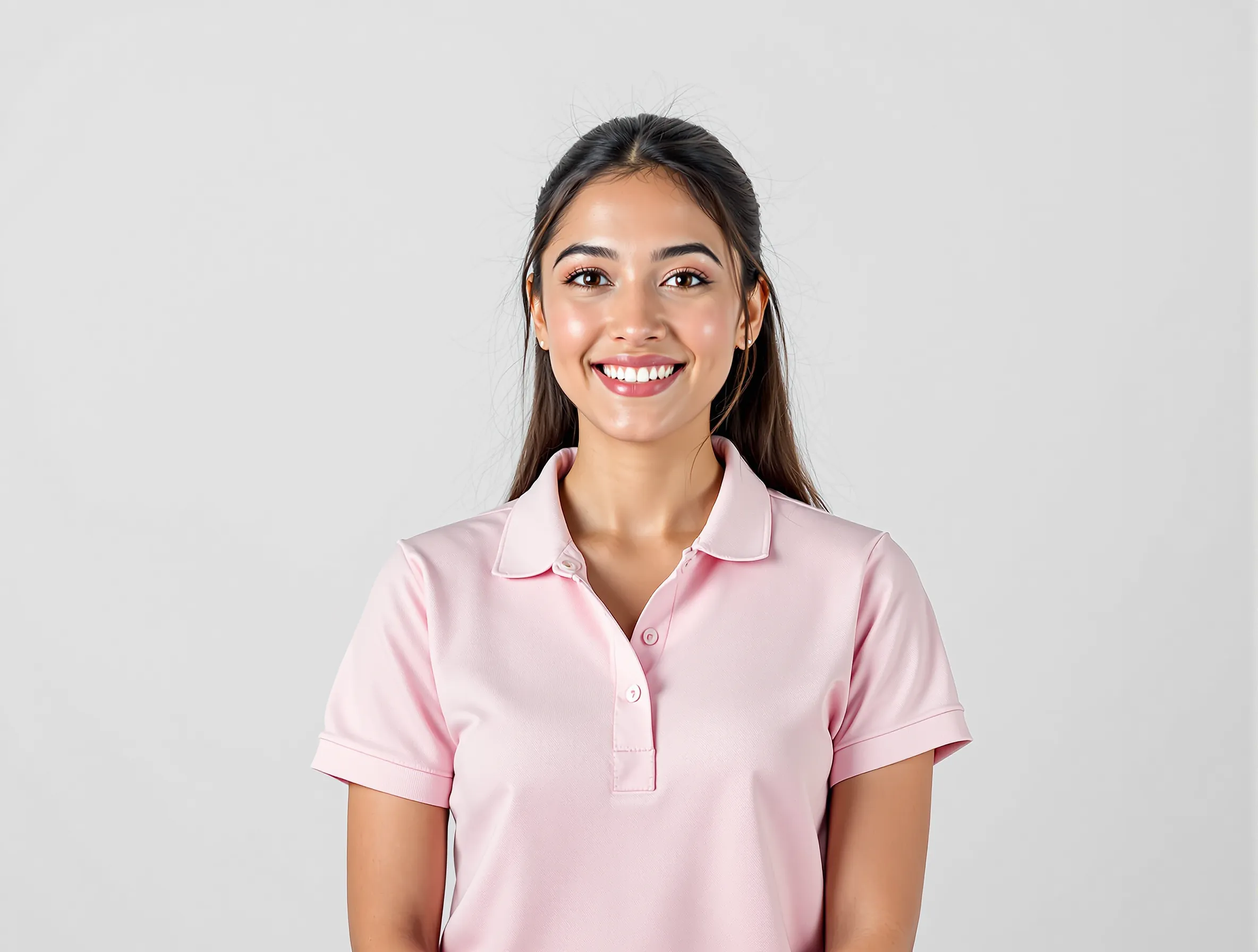 Isabella ist eine Frau mit langen dunkelbraunen Haaren, die strahlend lächelt und ein rosa Arbeitshemd mit drei Knöpfen vor einem hellgrauen Hintergrund trägt' loading='lazy' title=