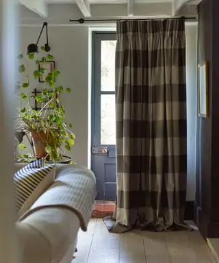 entrada estilo casa de campo con cortina en la puerta, plantas a un lado, sofá en primer plano, lámpara de pared, piso de madera