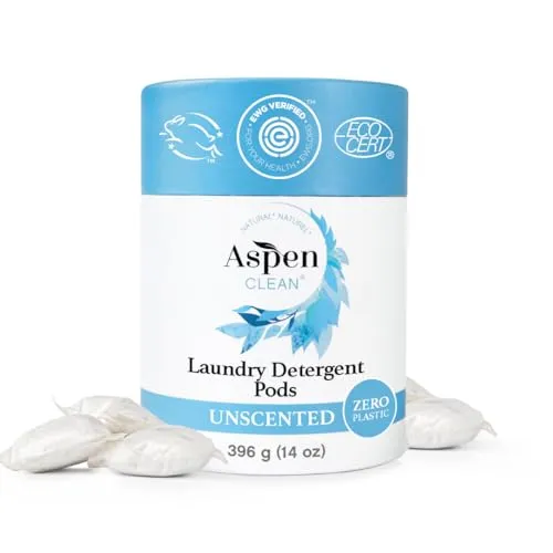 Um recipiente branco com cápsulas de lavanderia com tampa azul.' loading='lazy' title=