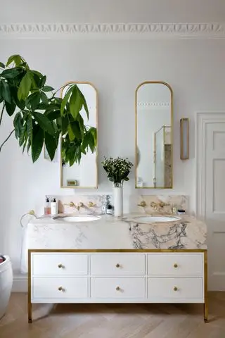 Doppio lavabo in un bagno con mobile lavabo in marmo venato e pianta domestica