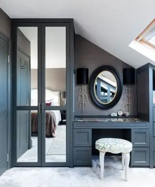Una camera da letto con armadio grigio e toletta con sgabello
