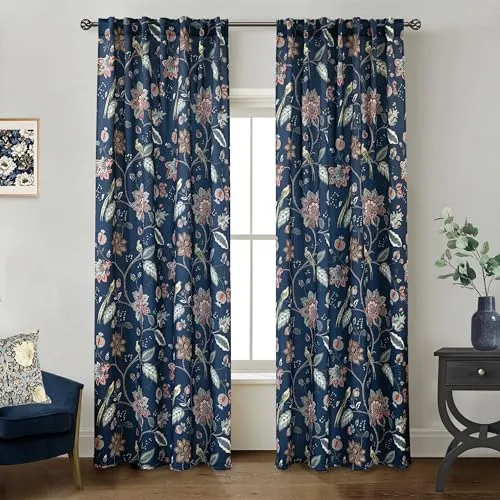 거실용 네이비 블루 빈티지 꽃 무늬 커튼 - 윌리엄 모리스 빅토리아 장식 70% 암막 무디 패턴 그린 다크 아카데미아 커튼 드레이프 84인치 길이 침실용 2패널 세트' loading='lazy' title=