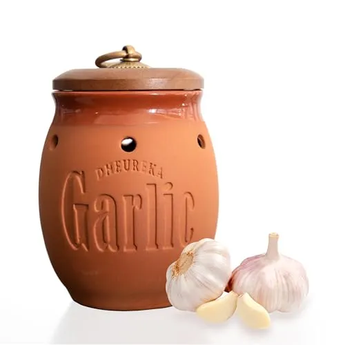 Dheureka Contenedor de ajos con tapa de madera Contenedor de almacenamiento de ajos de arcilla de 19 onzas para mantener los dientes de ajo frescos por más tiempo Organizador de encimera Decoración y accesorios de cocina de granja Terracota' loading='lazy' title=