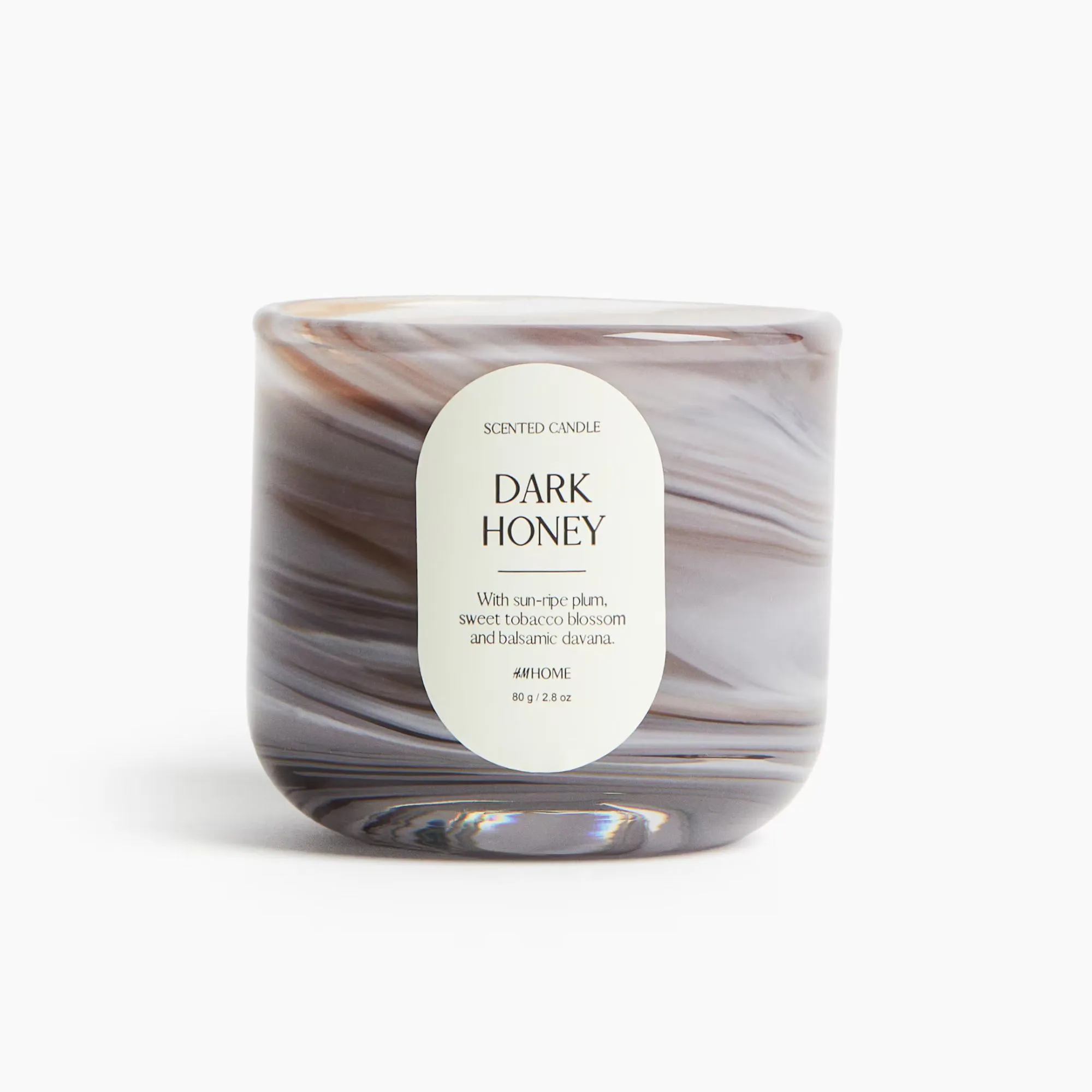 흰색과 갈색 효과가 소용돌이치는 유리 홀더에 있는 작은 향초' loading='lazy' title=