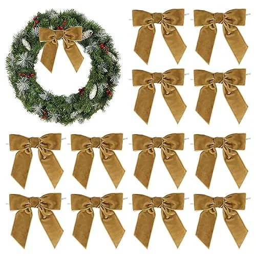 Laços de veludo dourado Aimudi 4,5 Laços de Natal dourados para árvore Laços de camelo pré-fabricados para guirlandas Laços torcidos para embrulho de presente Decoração festiva de inverno Guirlanda de árvore Decoração de casamento - 12 peças' loading='lazy' title=