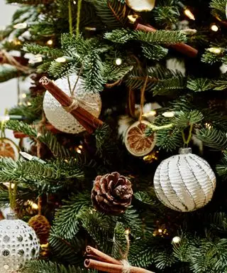 Eine Nahaufnahme von weiß glitzernden Weihnachtsdekorationen, Tannenzapfen und Scheiben getrockneter Früchte und Zimtstangen an einem Weihnachtsbaum.