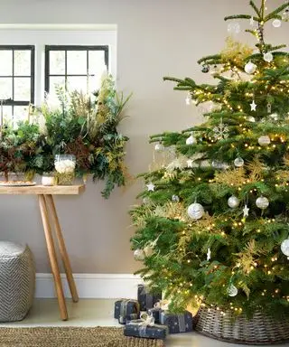 大きなクリスマスツリー、織物のスカート、窓辺の葉、木製のコンソールテーブルのある田舎の家
