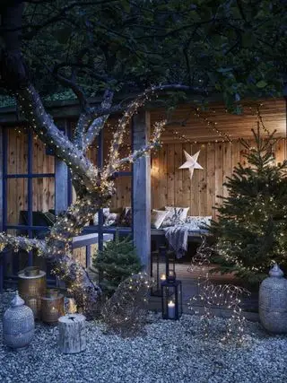 Baum mit Weihnachtsbeleuchtung um den Stamm gewickelt
